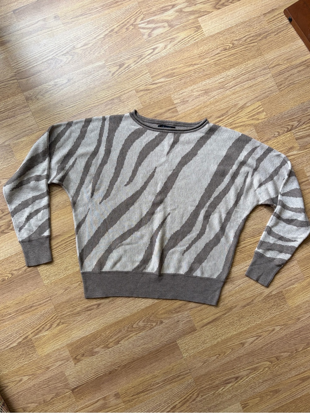 Tahari Taupe and Light Grey Zebra-Stripe Crewneck Sweater